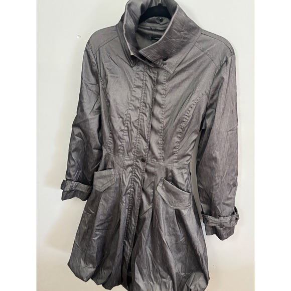 Samuel Dong Metallic Gray Bubble Hem Trench Coat Jacket Women Size M - Picture 3 of 8